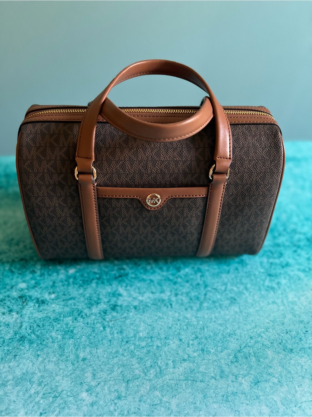 Michael Kors Brown MK Monogram Satchel with Leather Trim